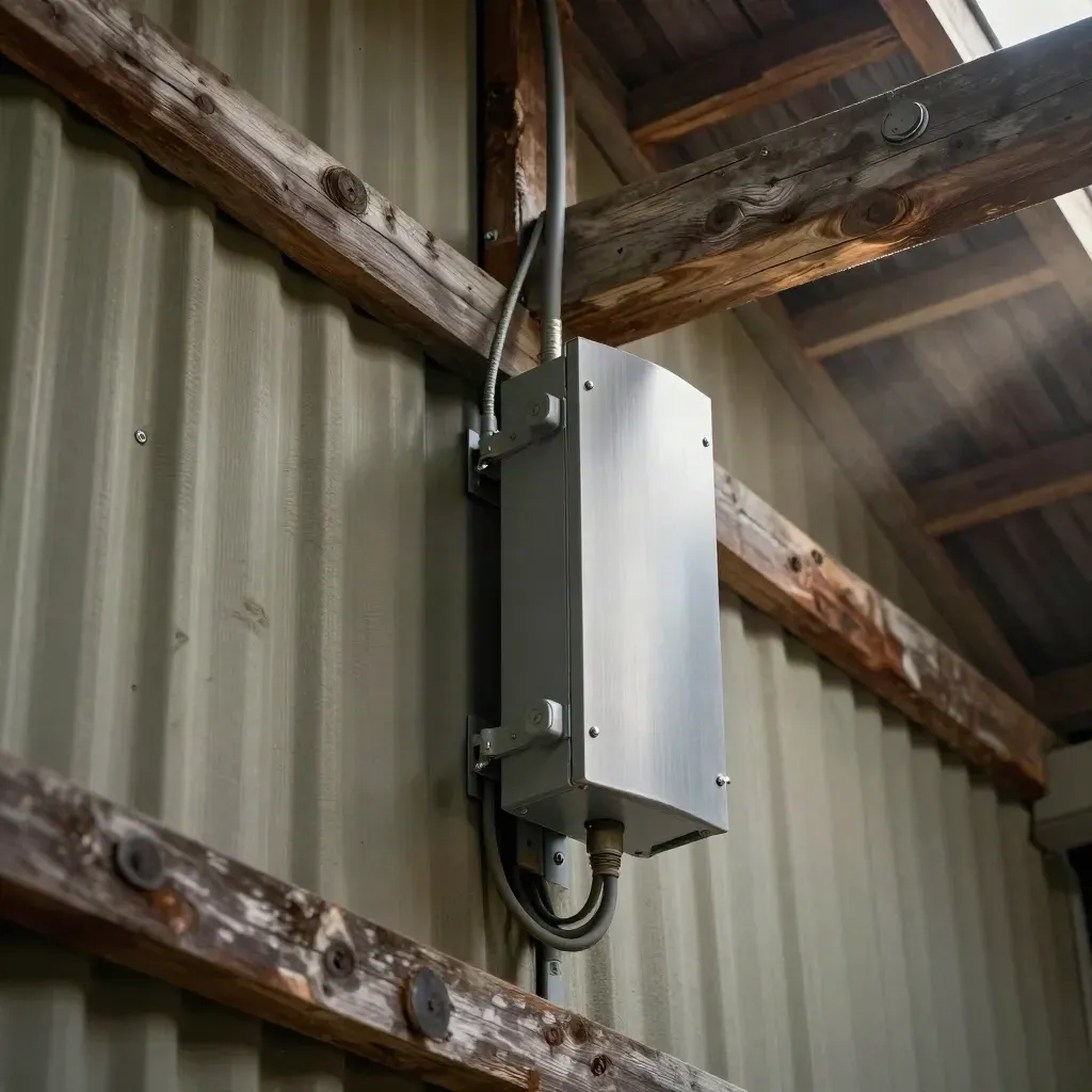 Barn loft booster and coax run mounted on corrugated siding in dramatic light.