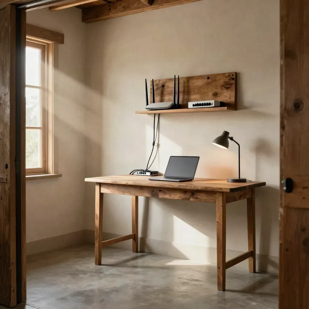 Empty barn office with router, neat cabling and sunlit desk, warm late-afternoon light.