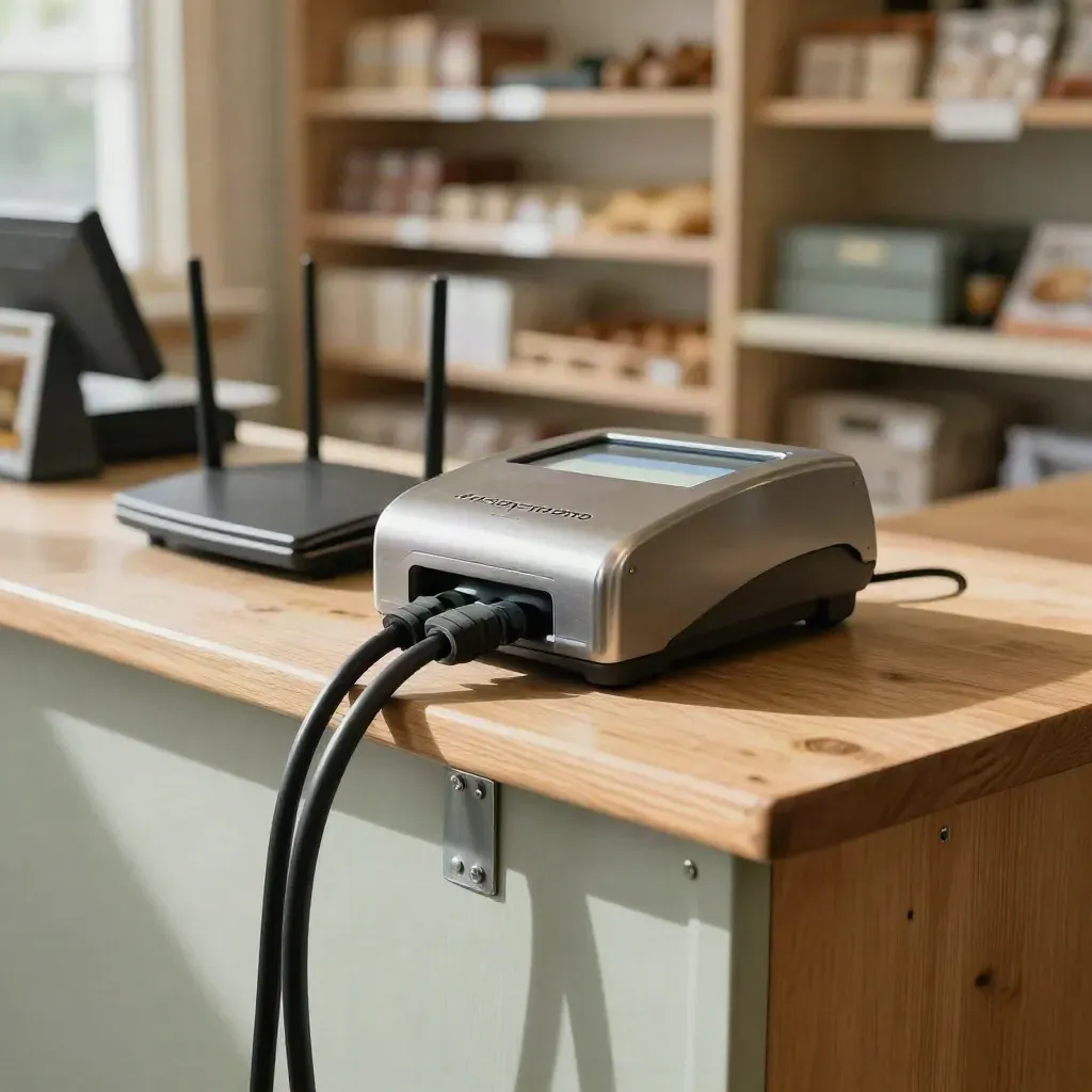 Checkout counter with card reader, tucked router, and tidy cabling in a rural store.