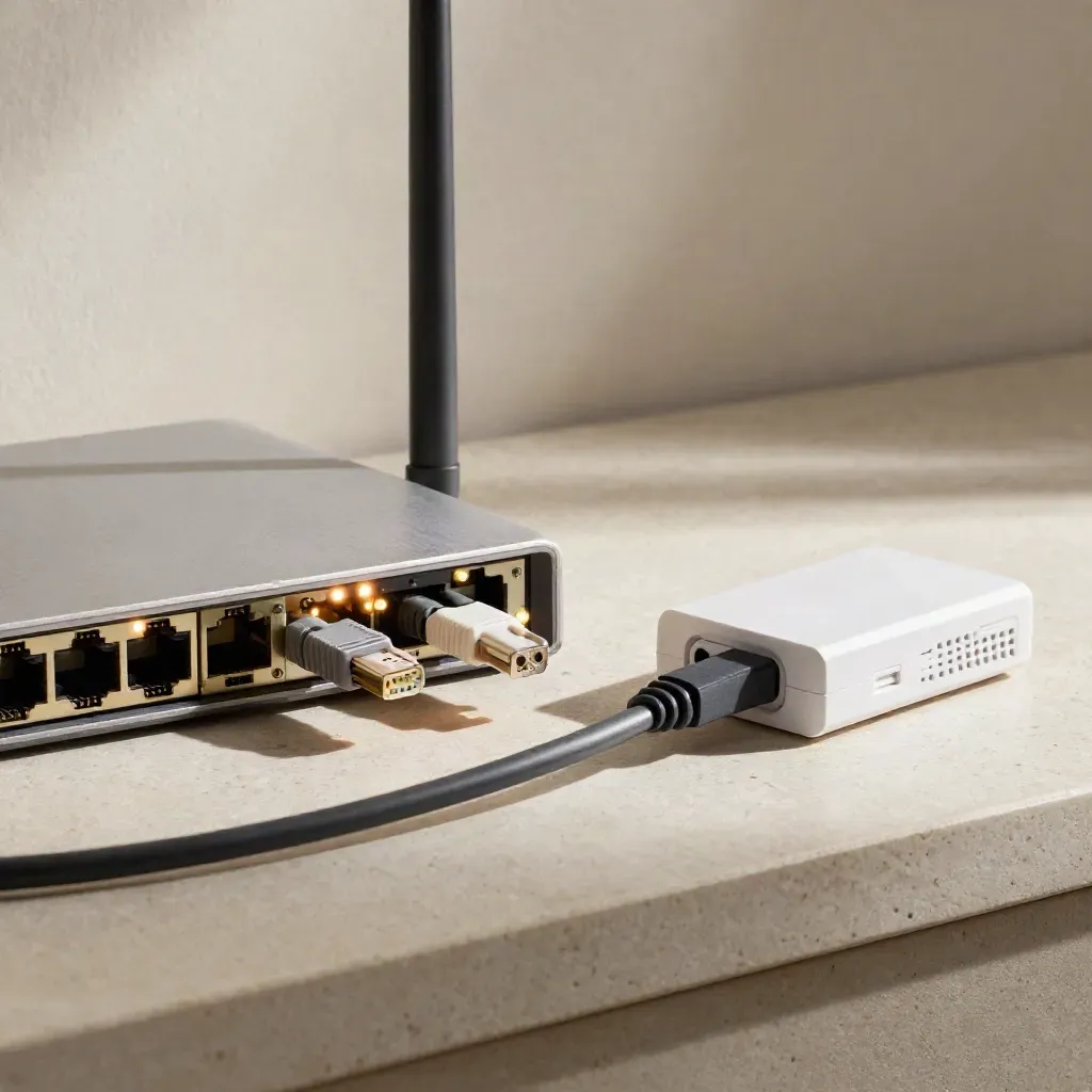 Router, RJ45 plug, and signal booster on a stone workbench with warm LEDs and cables fanned beside them