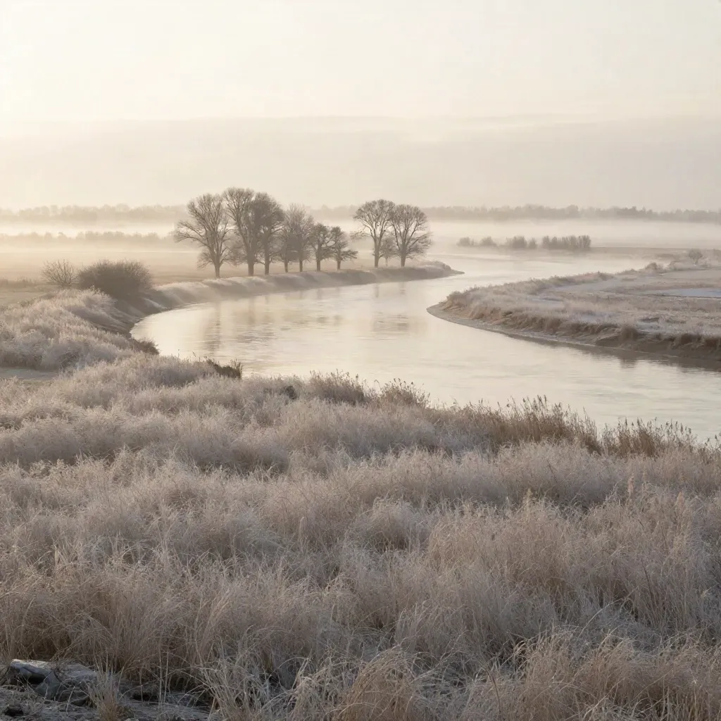 Foggy Platte River valley at dawn with river bend and shelterbelt farmland